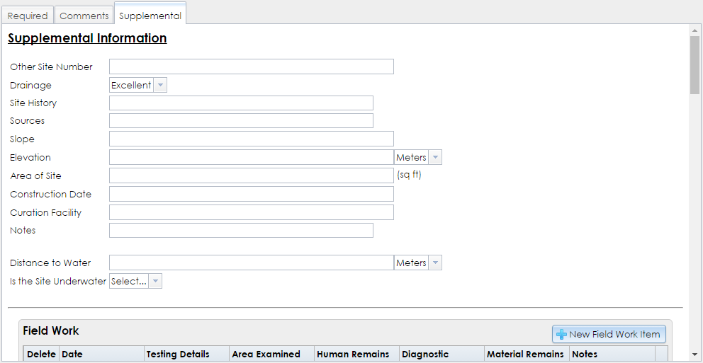 The Supplemental tab in the Resource Information step of the Archaeological Site Wizard contains text fields and pick lists for recording detailed information about the submitted site.