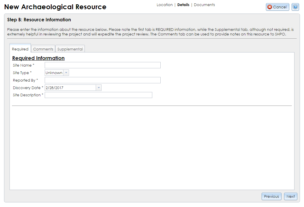 The Resource Information step of the Archaeological Site Wizard contains tabs with dropdown selectors, text fields, and pick lists for recording information about the submitted site. The Required tab is shown here.