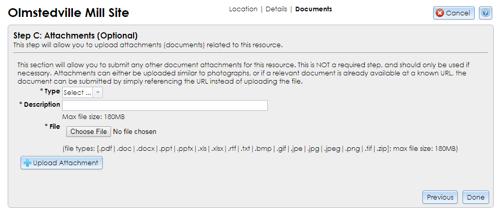 The Attachments step of the Archaeological Site Wizard contains a dropdown selector, a text field, and buttons for selecting and uploading files.