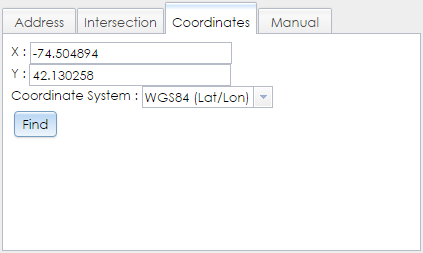 The Coordinates tab in the Locate the Resource step of the Built Resource Wizard contains text fields, a coordinate system selector, and a Find button.