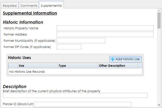 The Supplemental tab in the Resource Information step of the Built Resource Wizard contains text fields and pick lists for recording detailed information about the submitted resource.