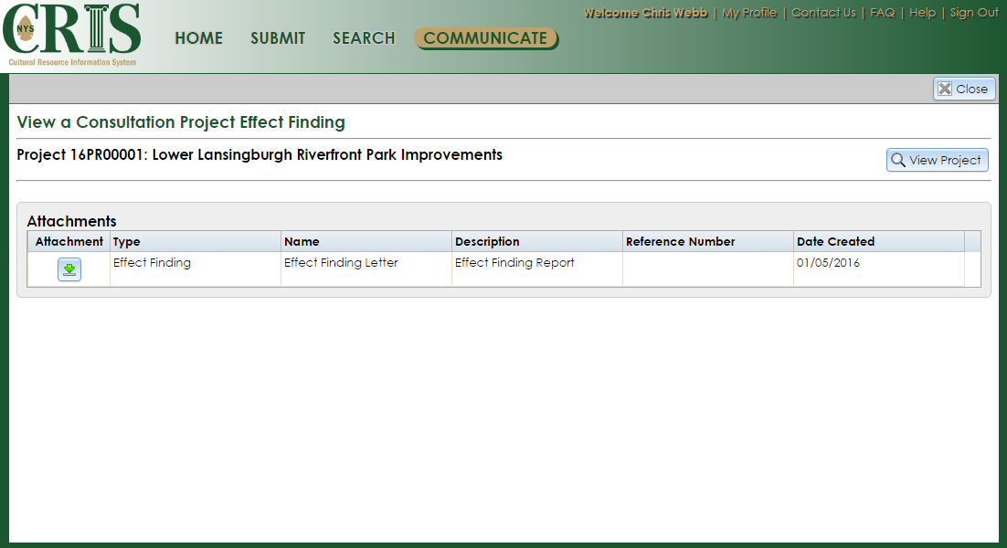 The View a Consultation Project Effect Finding module provides the project identification and a button for downloading the finding letter.