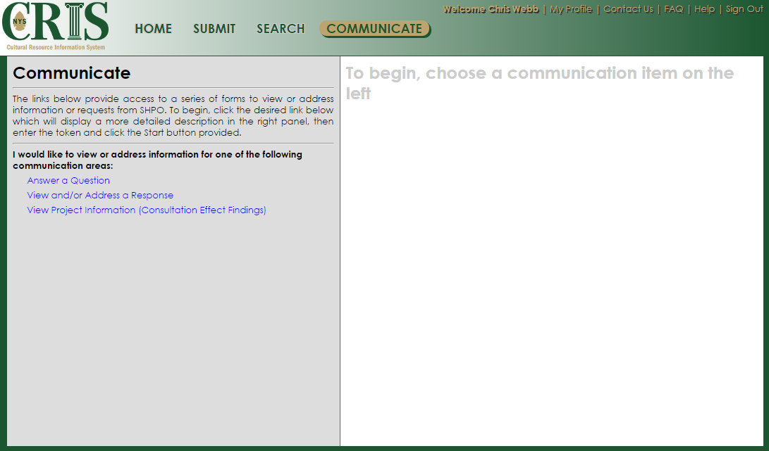 The Communicate page, showing the menu on the left and the selection pane on the right.