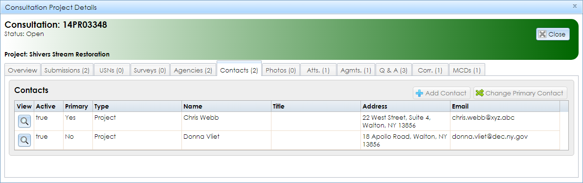 The Contacts tab in the Project Details module contains a table of contacts involved in the project, along with each contact’s information.