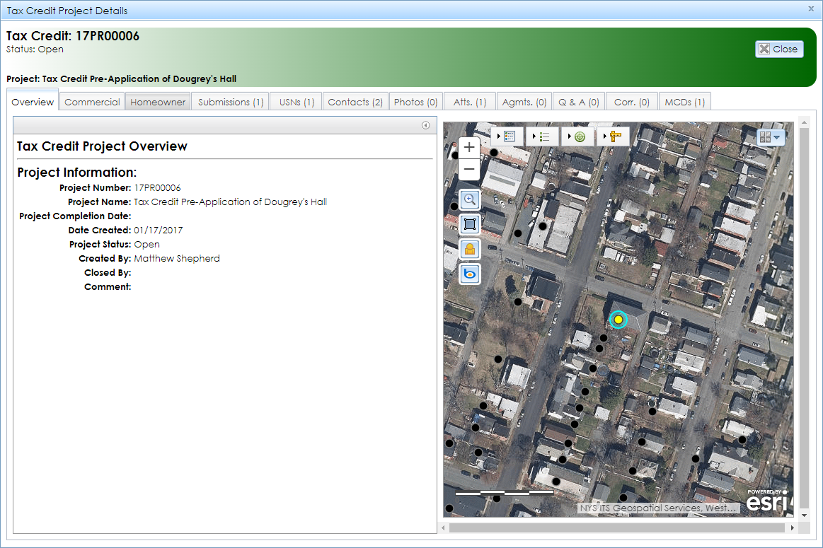 The Tax Credit Project Details module contains tabs with information about the project’s attributes and an expandable map interface that shows the project’s location.