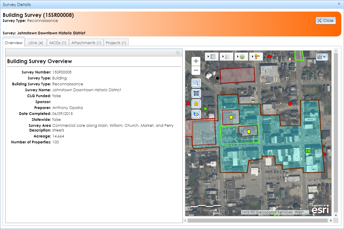 The Overview tab in the Survey Details module contains general information about the survey on the left and an expandable map interface on the right.