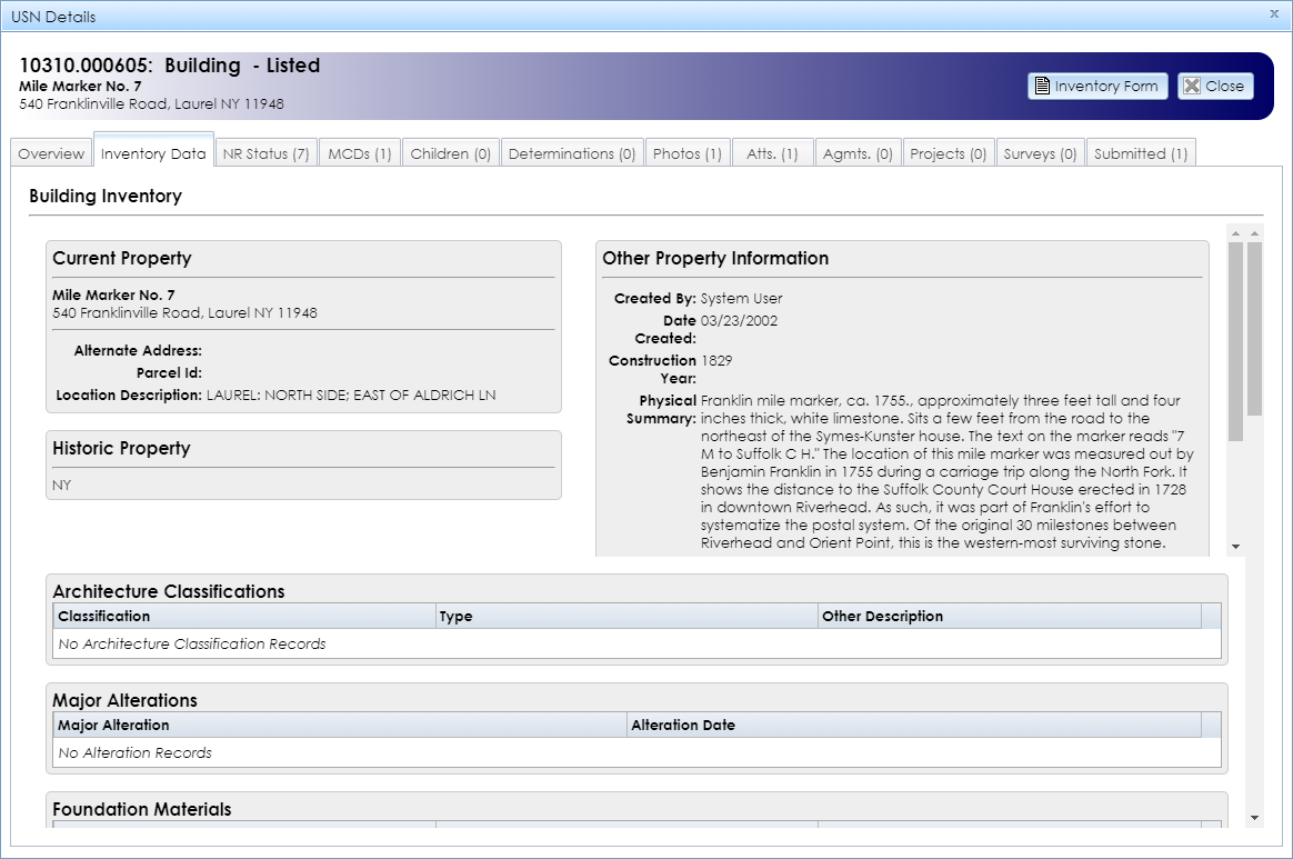 The Inventory Data tab in the USN Details module contains detailed information about the USN.