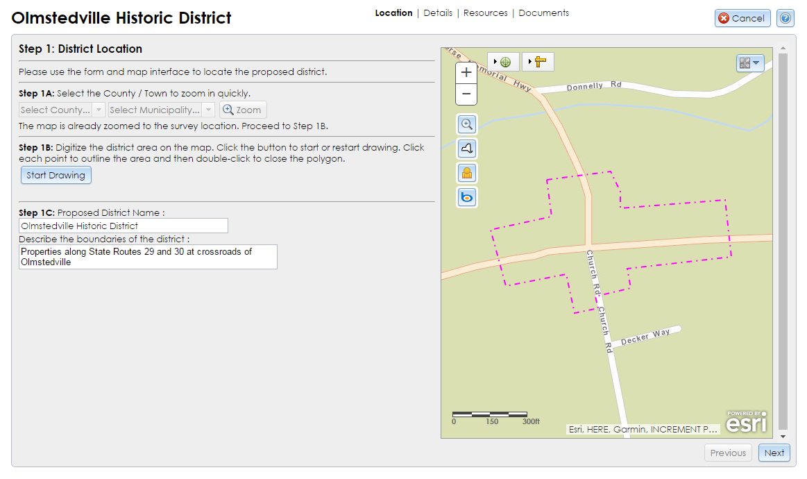 The District Location step of the District Resource Wizard contains dropdown selectors, a drawing tool button, text fields, and a map interface for locating the submitted district resource.