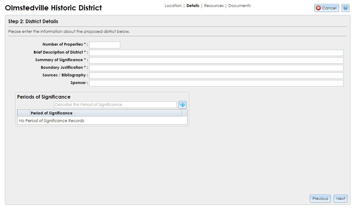 The District Details step of the District Resource Wizard contains text fields for entering general information about the district.