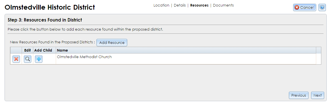 The Resources Found in District step of the District Resource Wizard contains a button for launching the Built Resource Wizard. Any resources you add will display in the table below the launch button.