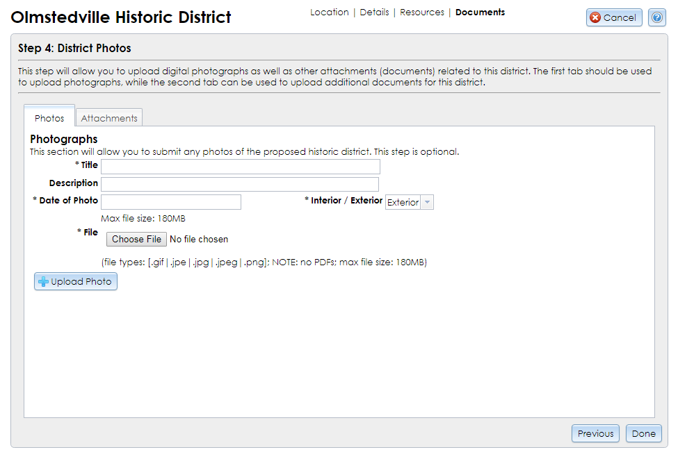 The District Photos step of the District Resource Wizard contains dropdown selectors, text fields, and buttons for selecting and uploading files.