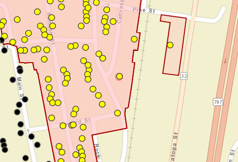 This detail from the map interface shows an address location within a National Register–listed historic district.