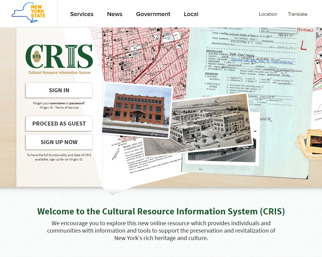 The CRIS landing page is the portal through which users access the system. On the left are three buttons: “Sign In,” “Proceed as Guest,” and “Sign Up Now.”