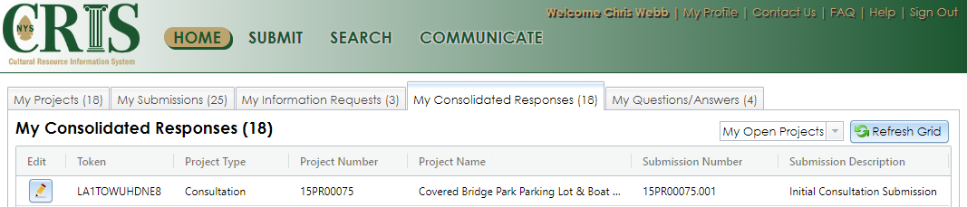 The My Consolidated Responses tab on the authenticated user Home page.