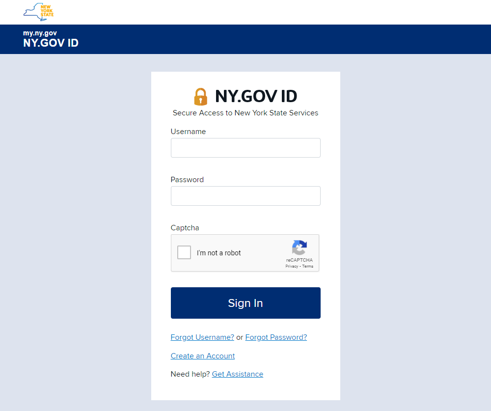 The NY.gov ID login page allows you to sign into CRIS with your NY.gov ID username and password. The page also provides links to help you recover your username or reset your password.
