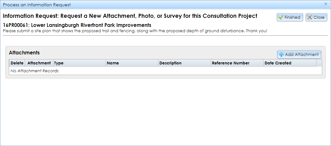 The Requested Attachment Wizard contains a button for launching the Insert an Attachment module and a table showing the uploaded attachments.