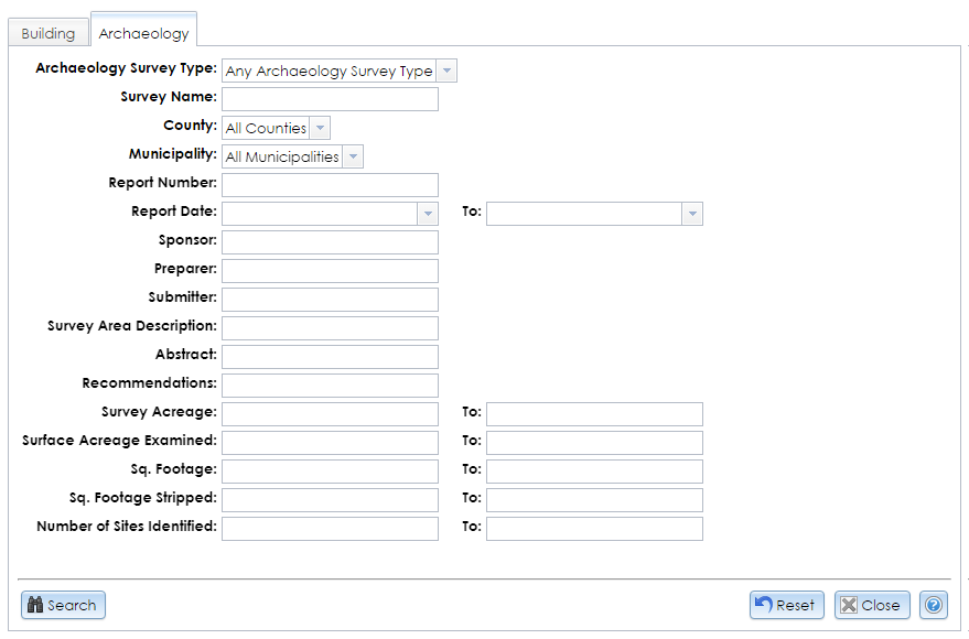 The Archaeology tab in the Advanced Survey Search module contains dropdown selectors and text fields for entering criteria to search for archaeological surveys in CRIS.