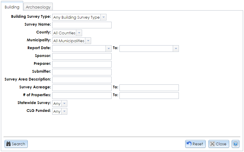 The Building tab in the Advanced Survey Search module contains dropdown selectors and text fields for entering criteria to search for building surveys in CRIS.