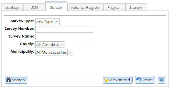 The Survey tab under the Criteria tab on the Search page contains dropdown selectors and text fields for searching for building and archaeological surveys in CRIS.