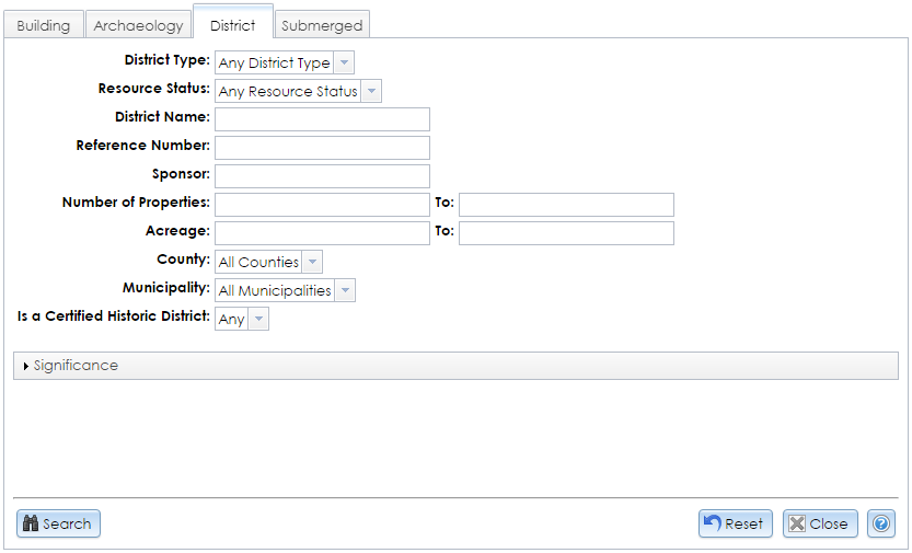 The District tab in the Advanced USN Search module contains dropdown selectors and text fields for entering criteria to search for building and archaeological districts in CRIS.