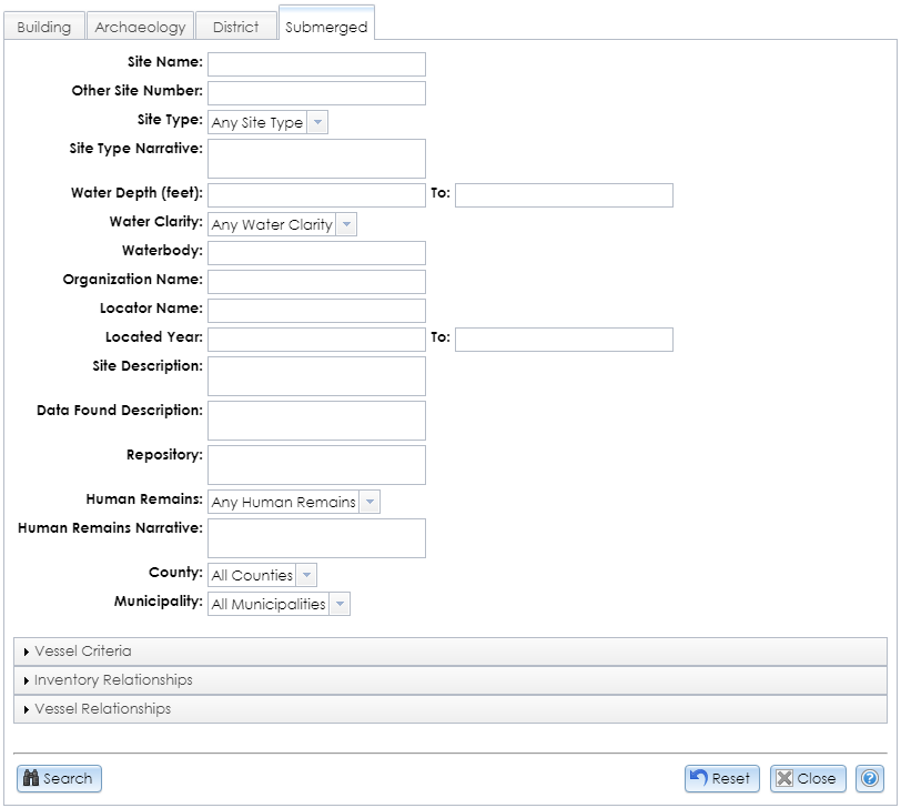 The Submerged tab in the Advanced USN Search module contains dropdown selectors, text fields, and pick lists for entering criteria to search for submerged archaeological sites in CRIS.