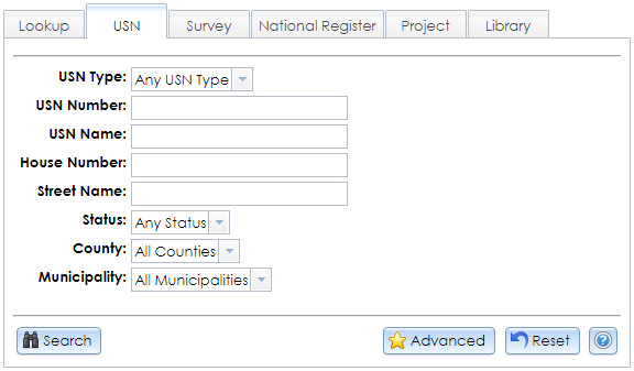 The USN tab in the Criteria tab on the Search page contains dropdown selectors and text fields for searching for buildings, structures, objects, districts, and sites in CRIS.