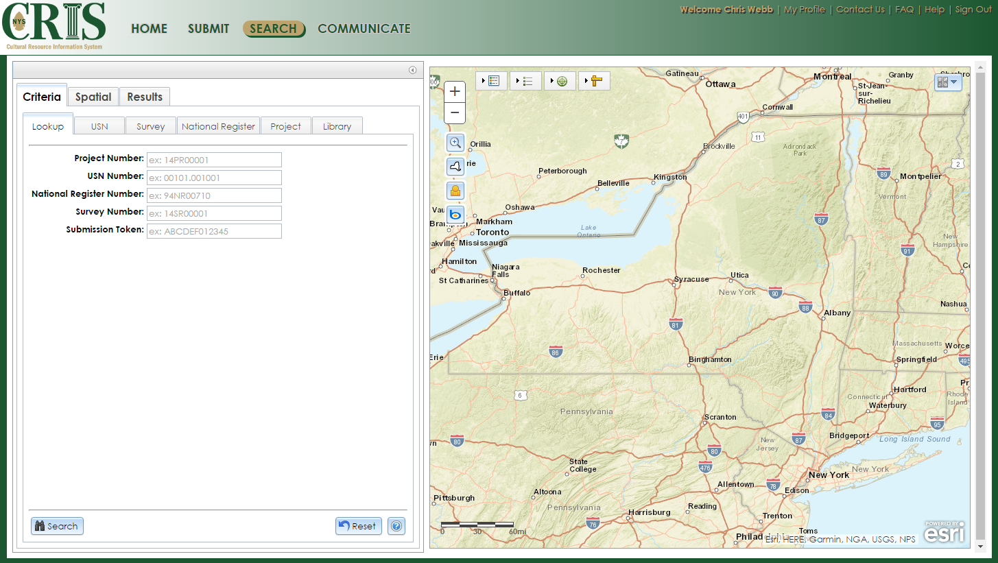 The Search page contains tabs for different criteria and spatial search options on the left, as well as an expandable map interface on the right.