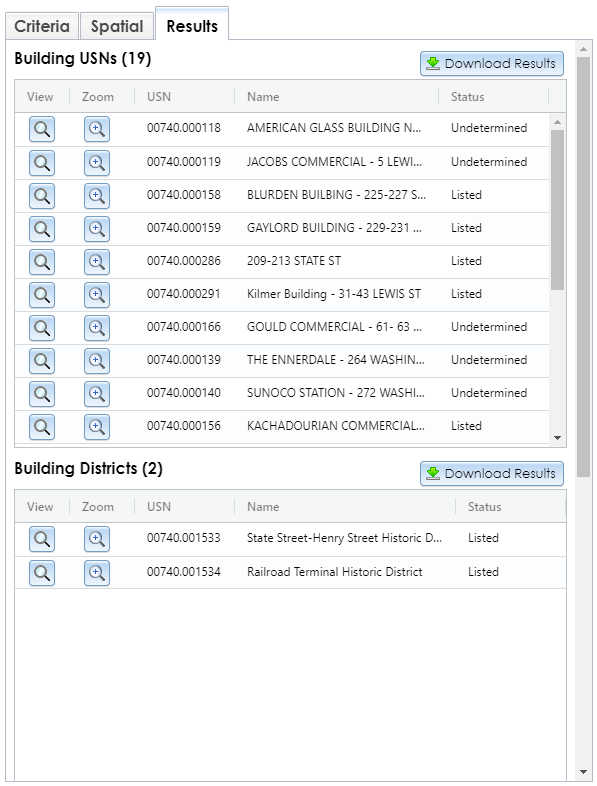 The Results tab on the Search page displays tables of results for each record type that was returned by the search. Each table includes a Download Results button for downloading a comma-separated value (or CSV) file of the results table.