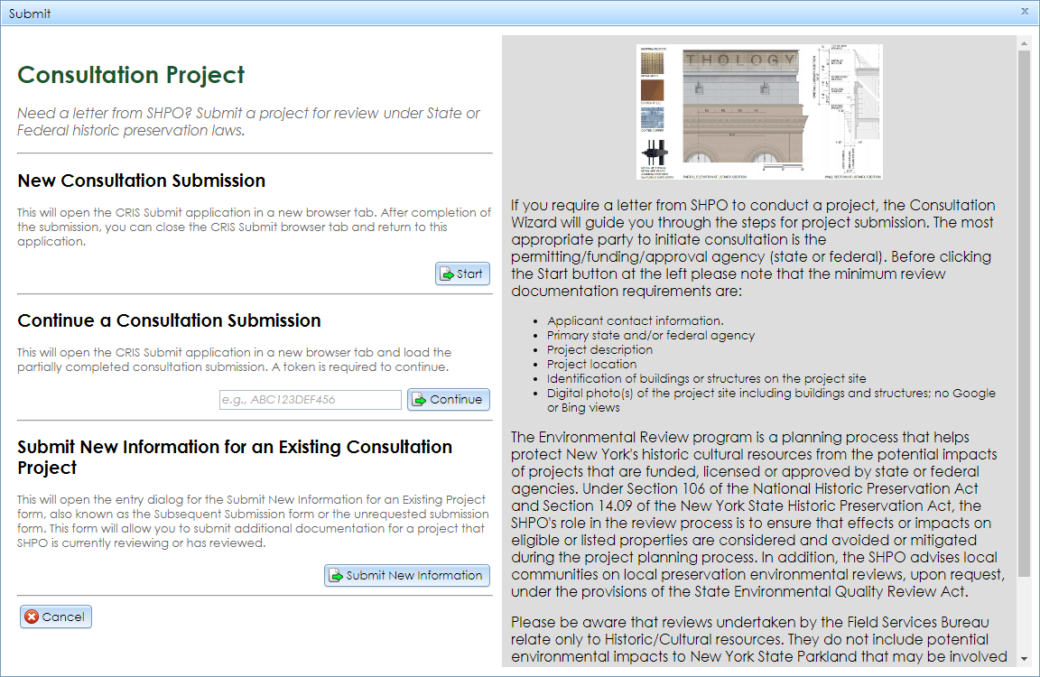 The Consultation Project Submit window, showing the menu on the left and the project type description on the right.