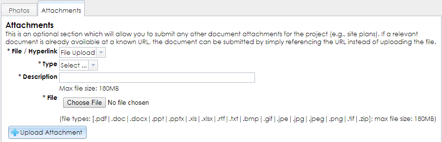 The Attachments tab in the Subsequent Submission form has text fields and buttons for selecting and uploading attachments.