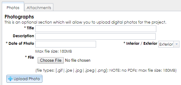 The Photos tab in the Subsequent Submission form has text fields and buttons for selecting and uploading photographs.