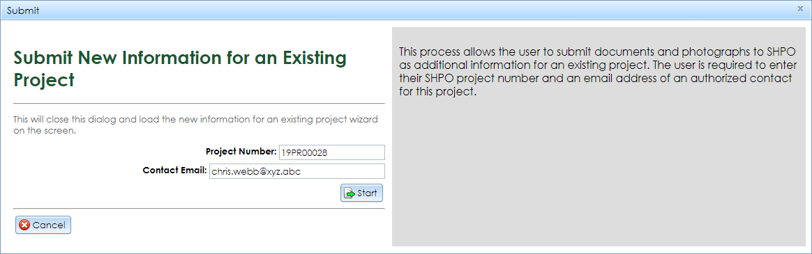 The Submit New Information for an Existing Project window, showing the menu on the left and the submission type description on the right.