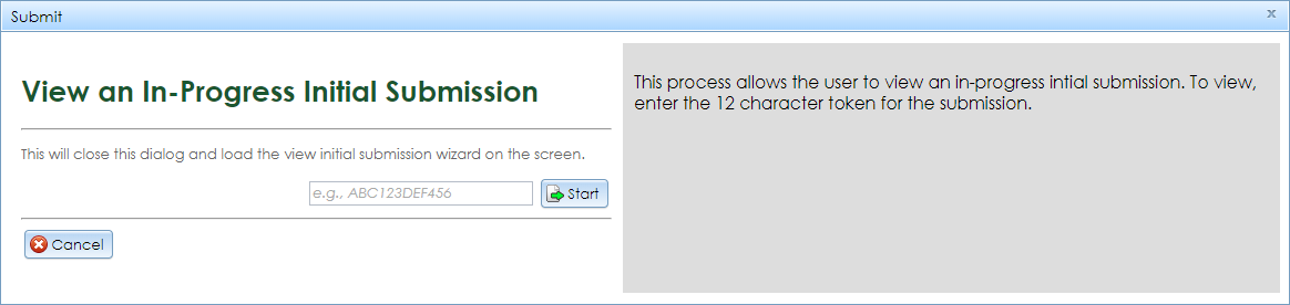 The Submit page, showing the menu on the left and the selected View an In-Progress Initial Submission option on the right.