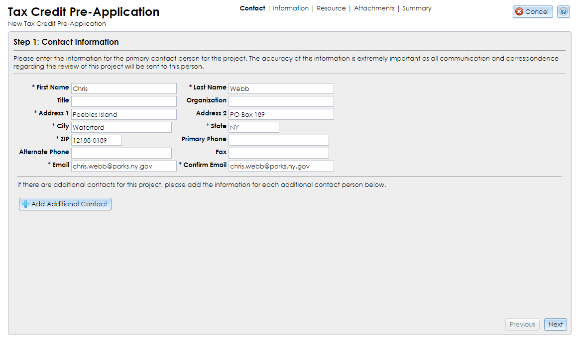 The Contact Information step of the Commercial Tax Credit Pre-application Wizard contains text fields and a button for adding contacts.