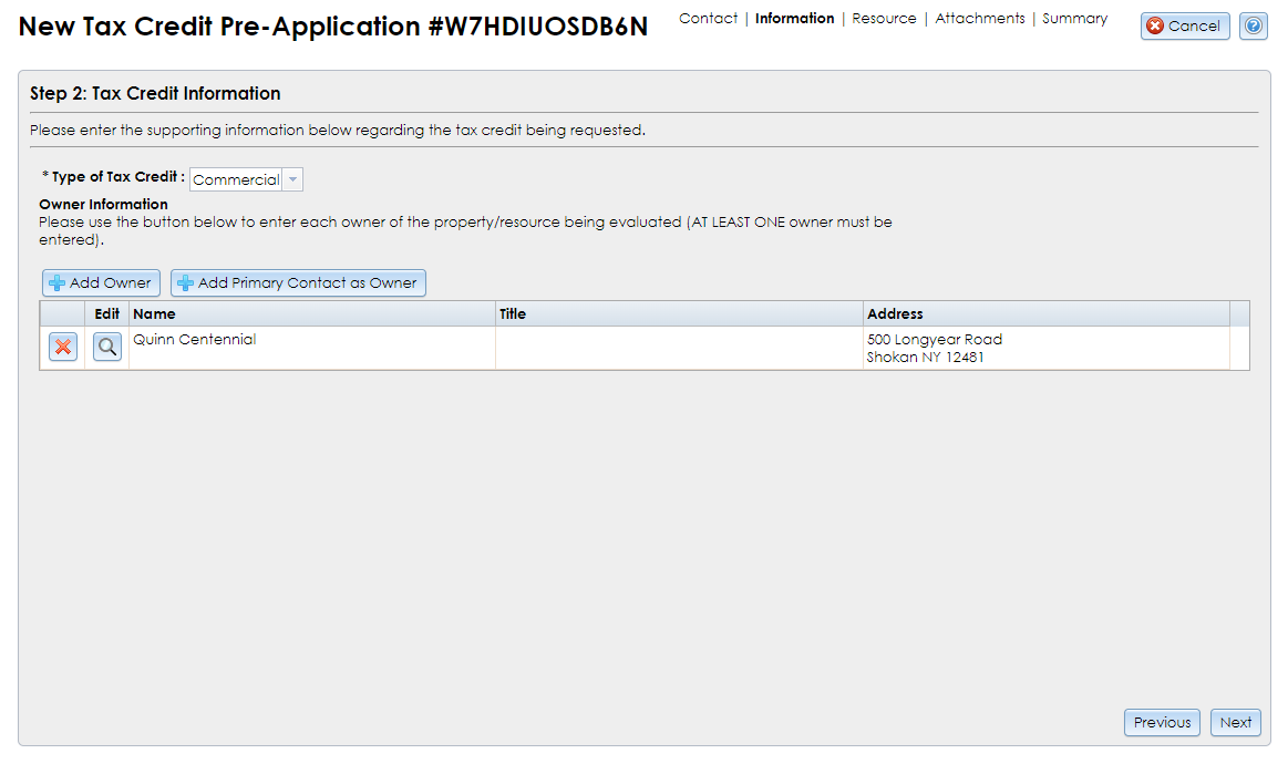 The Tax Credit Information step of the Commercial Tax Credit Pre-application Wizard contains a dropdown selector and buttons for adding owner contact information.