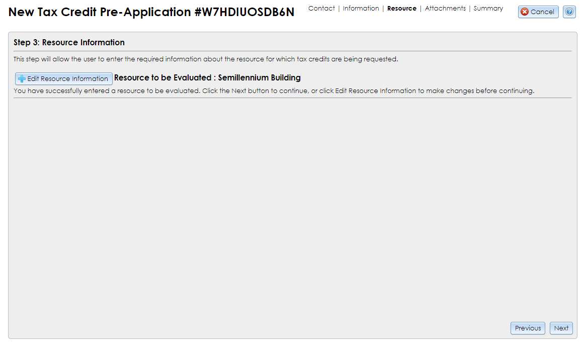 The Resource Information step of the Commercial Tax Credit Pre-application Wizard contains a button for launching the Built Resource Wizard.