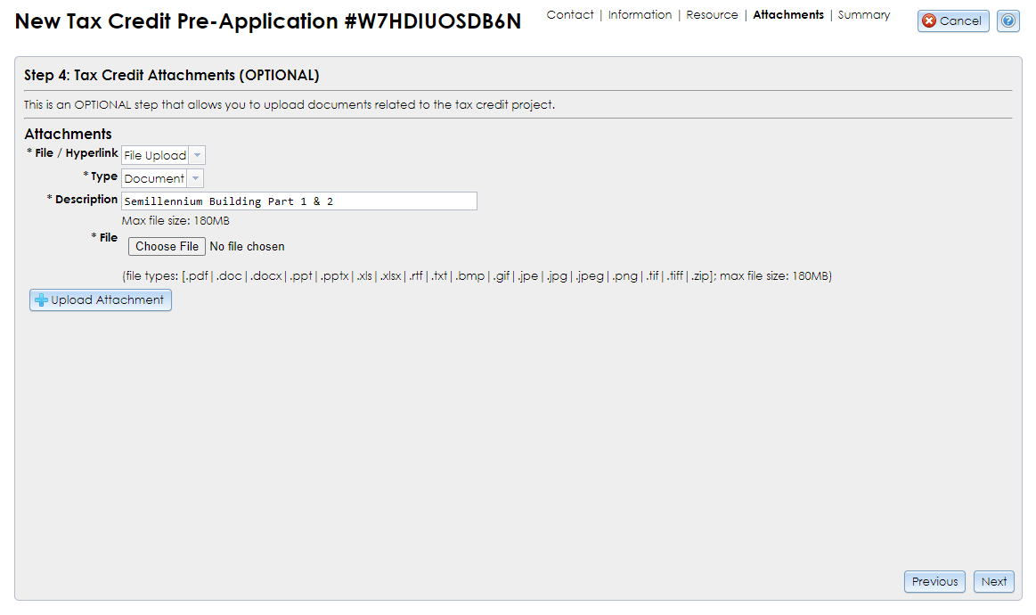 The Tax Credit Attachments step of the Commercial Tax Credit Pre-application Wizard contains dropdown selectors, a text field, and buttons for selecting and uploading files.