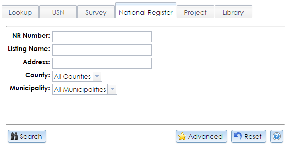 The National Register tab under the Criteria tab on the Search page contains dropdown selectors and text fields for entering criteria to search for National Register nominations in CRIS.