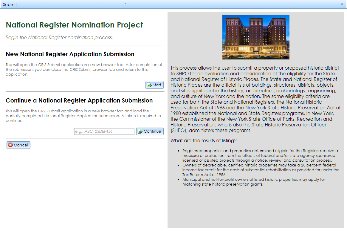 The National Register Nomination Project Submit window, showing the menu on the left and the project type description on the right.