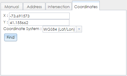 The Coordinates tab in the Locate the Resource step of the Archaeological Site Wizard contains text fields, a coordinate system selector, and a Find button.