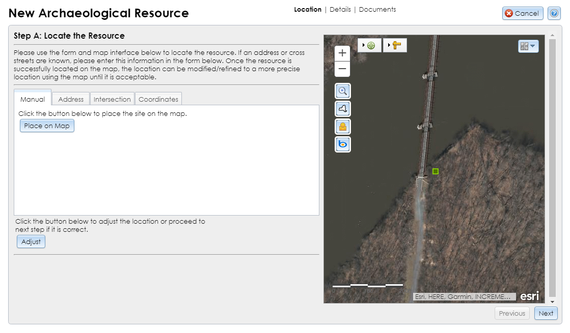 The Locate the Resource step of the Archaeological Site Wizard contains text fields for searching locations and a map interface for locating the submitted resource.