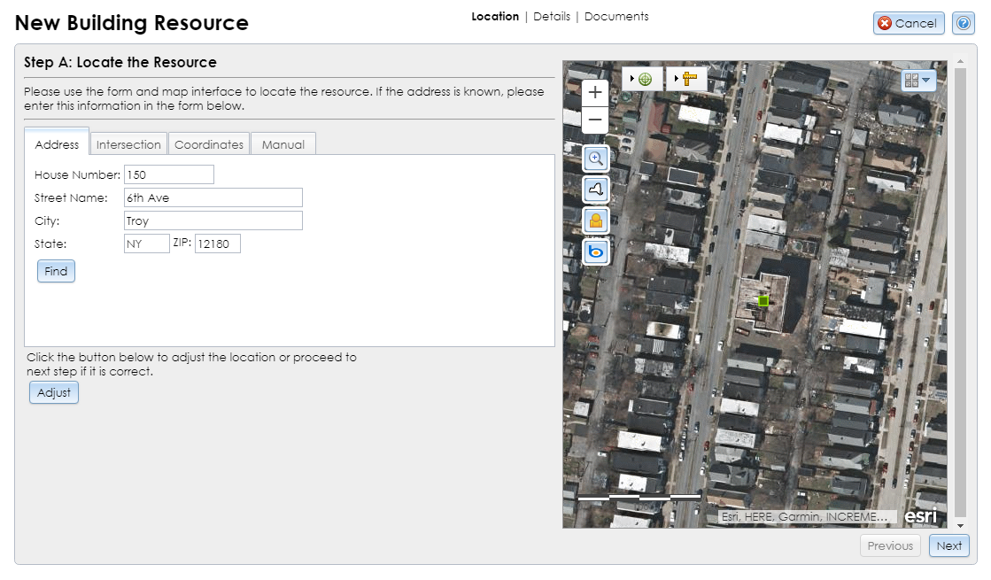 The Locate the Resource step of the Built Resource Wizard contains dropdown selectors, text fields for searching locations, and a map interface for locating the submitted resource.