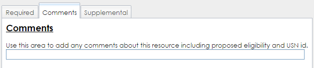 The Comments tab in the Resource Information step of the Built Resource Wizard contains a text field for entering comments about the resource to SHPO.