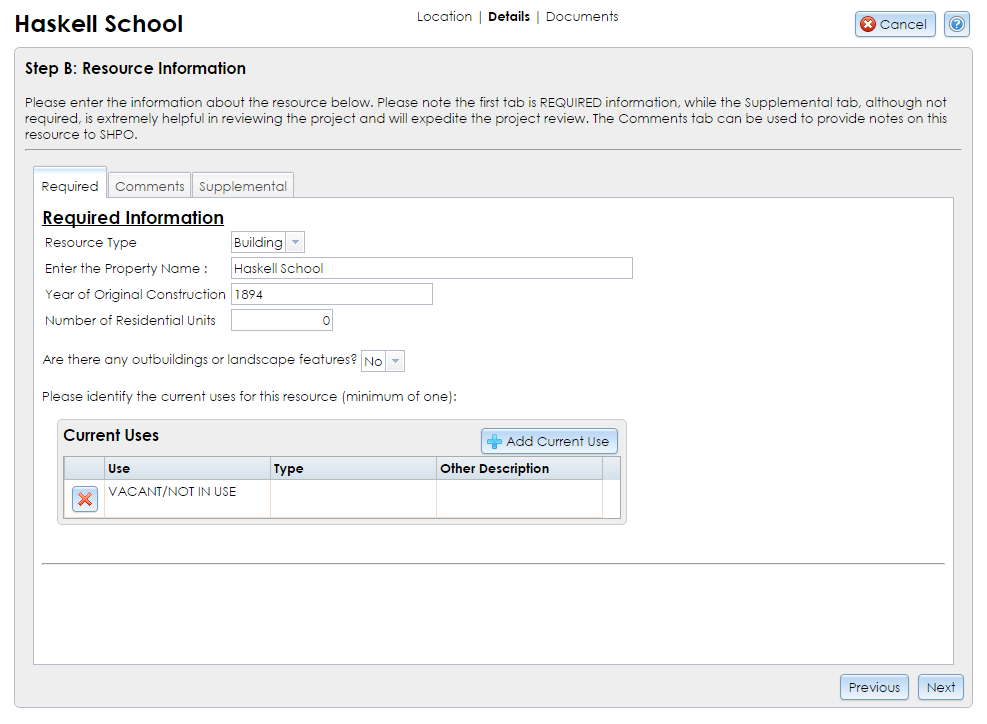 The Resource Information step of the Built Resource Wizard contains tabs with dropdown selectors, text fields, and pick lists for recording information about the submitted resource. The Required tab is shown here.