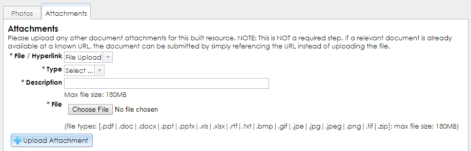 The Attachments tab in the Photographs and Attachments step of the Built Resource Wizard has dropdown selectors, a text field, and buttons for selecting and uploading attachments.
