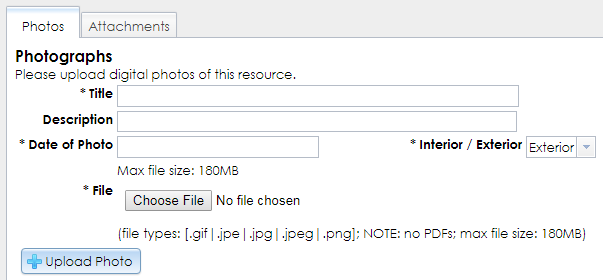 The Photos tab in the Photographs and Attachments step of the Built Resource Wizard has text fields and buttons for selecting and uploading photographs.