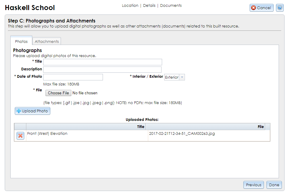 The Photographs and Attachments step of the Built Resource Wizard contains dropdown selectors, text fields, and buttons for selecting and uploading files.