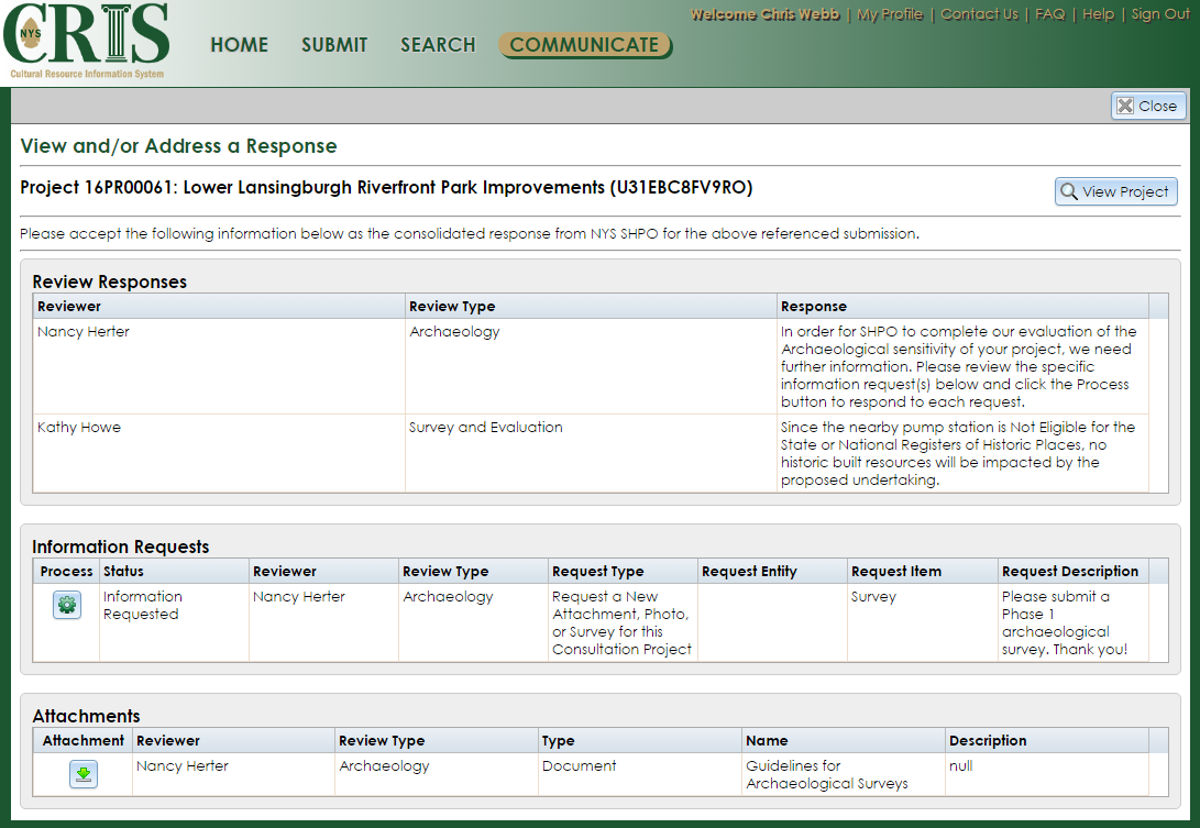 The View and/or Address a Response page provides the project identification and individual reviewers’ responses, along with information requests and outgoing attachments, if applicable.