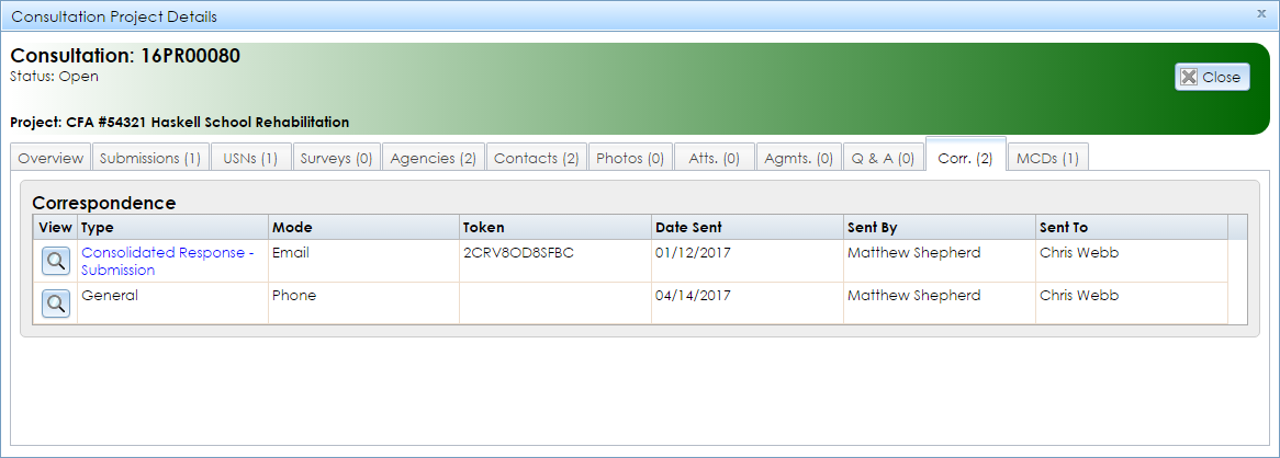 The Correspondence tab in the Project Details module contains a table of correspondence related to the project.