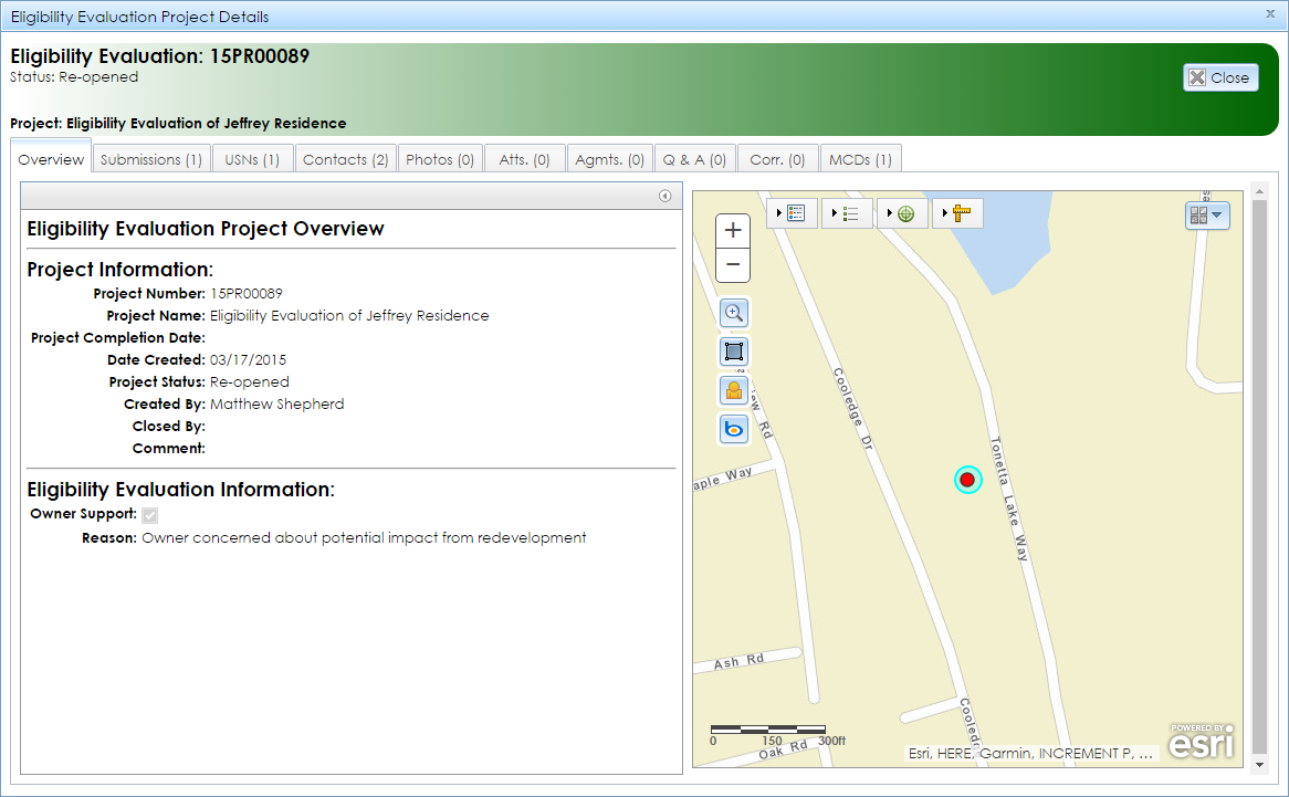 The Eligibility Evaluation Project Details module contains tabs with information about the project’s attributes and an expandable map interface that shows the project’s location.